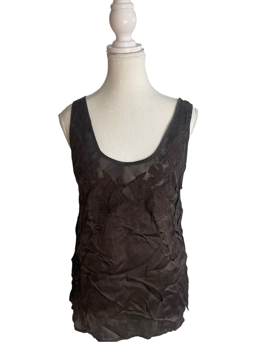Zara Embroidered Lace Insert Camisole Top Dark Brown
